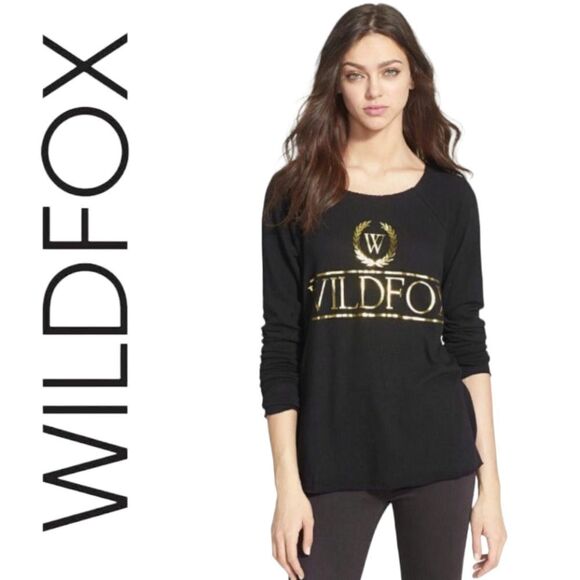 WILDFOX COUTURE GOLD CRESTED WILDFOX LOGO BLACK LONG SLEEVE LIGHTWEIGHT SWEATER - Picture 3 of 13